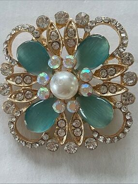 Gold-Tone Teal Flower Brooch with Pearl and Crystal Accents New